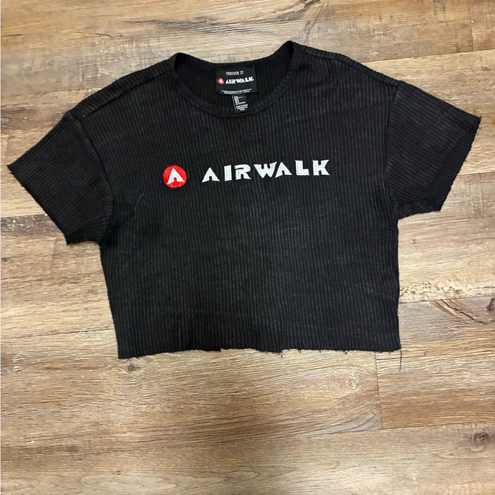 Forever 21 Black Ribbed Airwalk Logo Crop Top